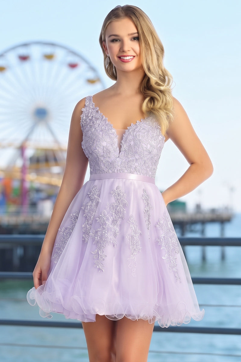 Lace Applique V Neck Short Tulle A Line Prom Dress | CQ50395