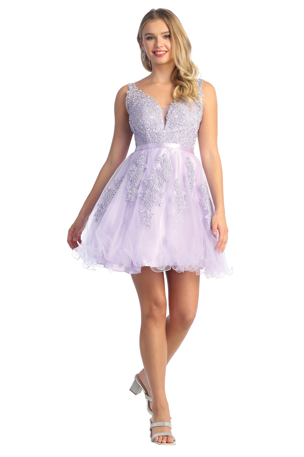 Lace Applique V Neck Short Tulle A Line Prom Dress | CQ50395