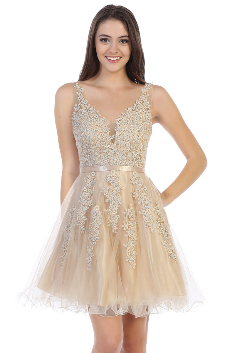 Lace Applique V Neck Short Tulle A Line Prom Dress | CQ50395