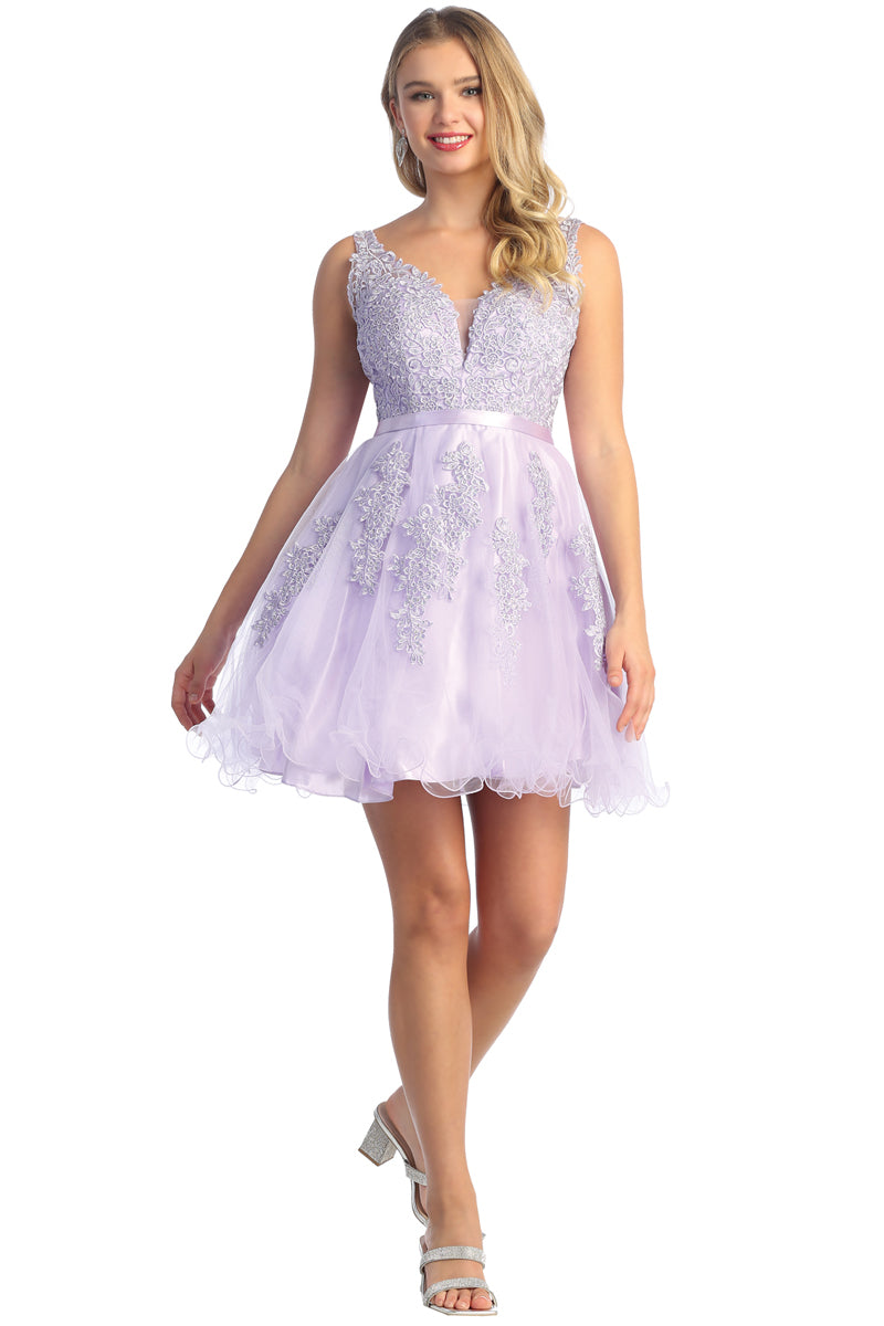 Lace Applique V Neck Short Tulle A Line Prom Dress | CQ50395