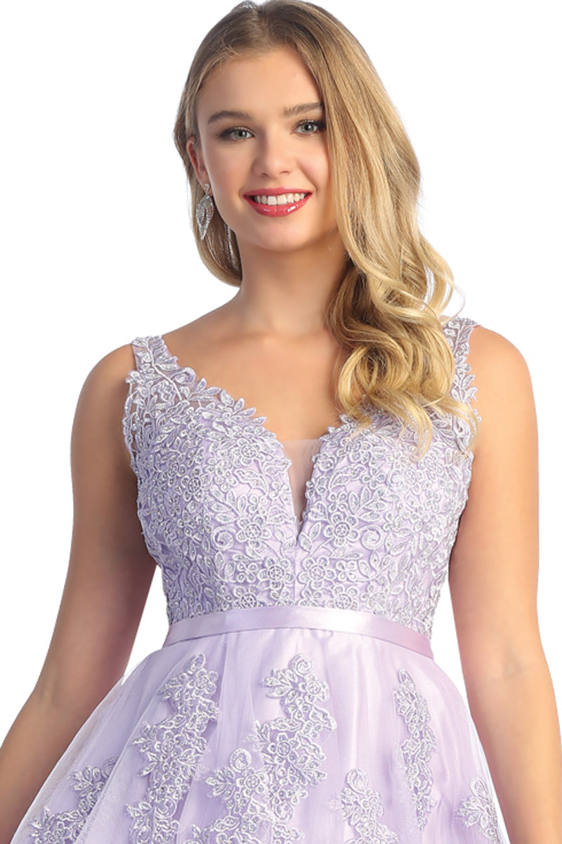 Lace Applique V Neck Short Tulle A Line Prom Dress | CQ50395