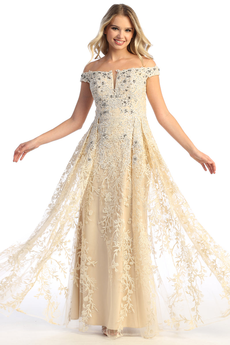 Lace Applique Off Shoulder Cap Sleeve A Line Prom Dress | CQ50420