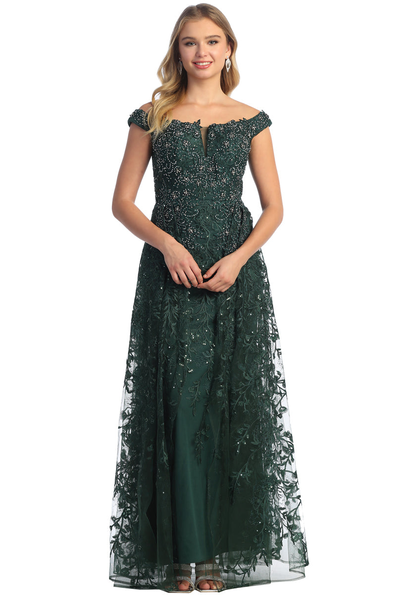 Lace Applique Off Shoulder Cap Sleeve A Line Prom Dress | CQ50420
