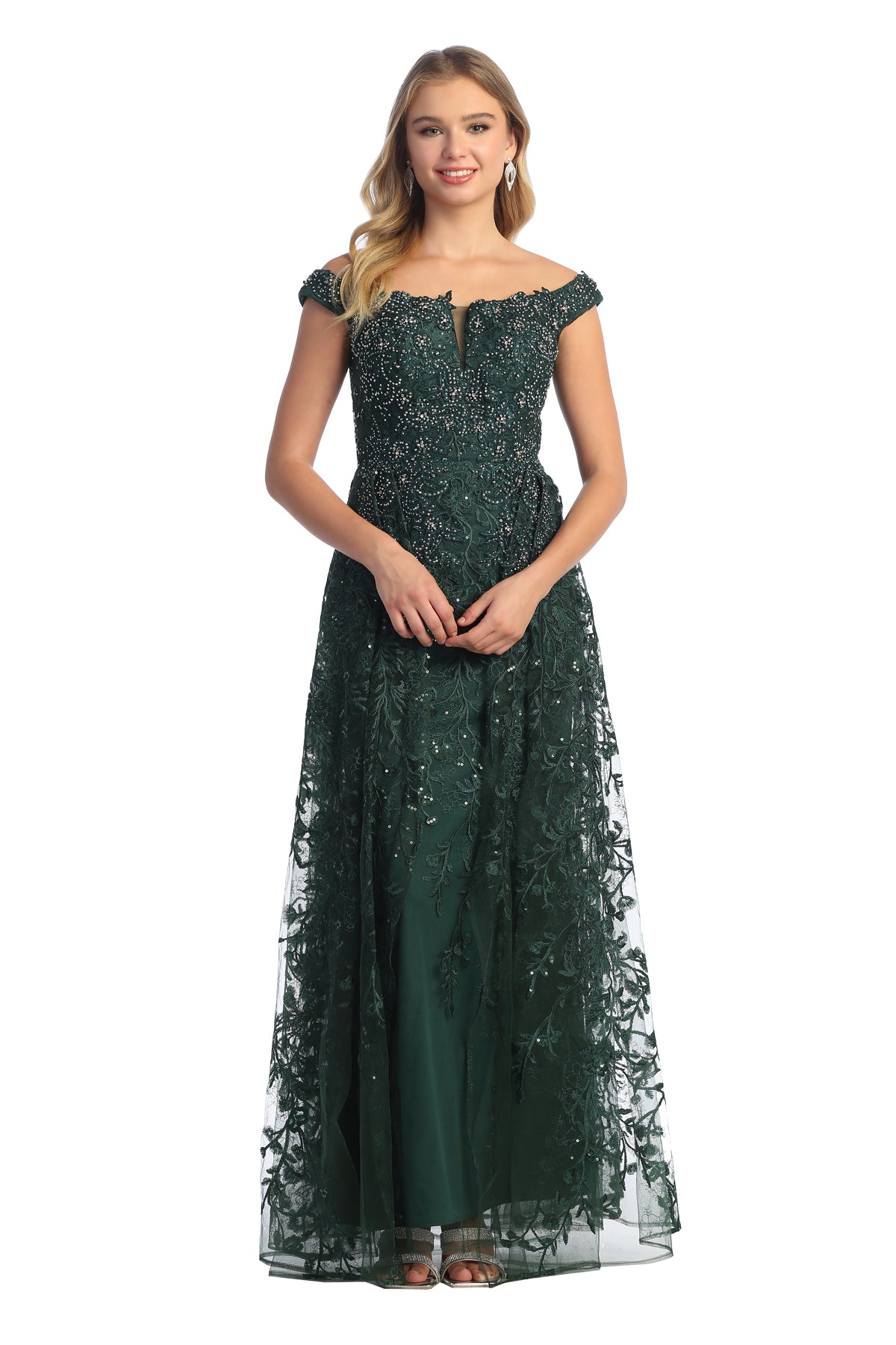 Lace Applique Off Shoulder Cap Sleeve A Line Prom Dress | CQ50420