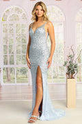 Sequin Beaded V Neck Fitted Long Prom Dress with Slit | CQ50428