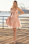 Plunging V Neck Spaghetti Strap Sequin Embroidered Short A Line Prom Dress | CQ50430