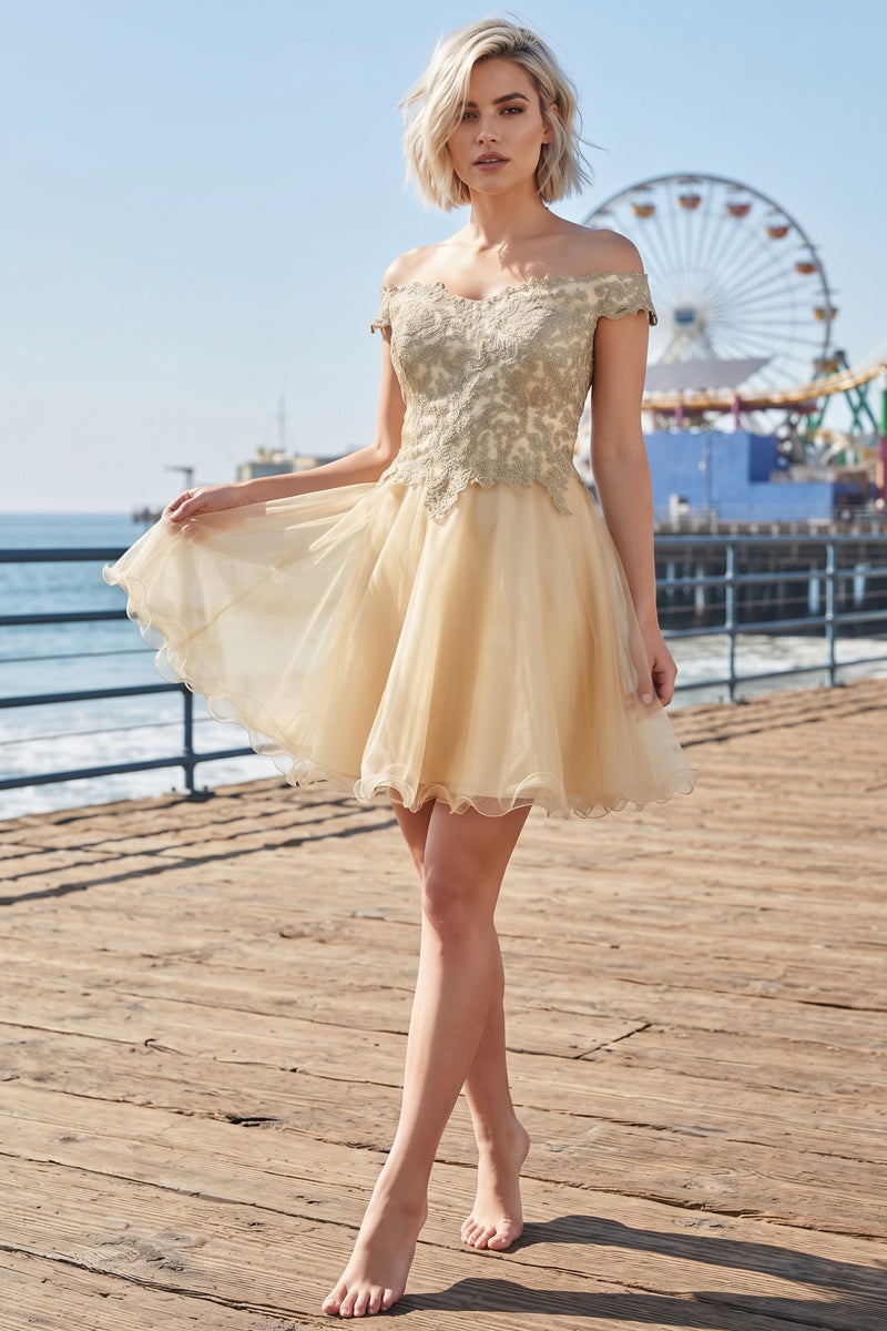 Lace Applique Off Shoulder Cap Sleeve Tulle A Line Short Prom Dress | CQ50431