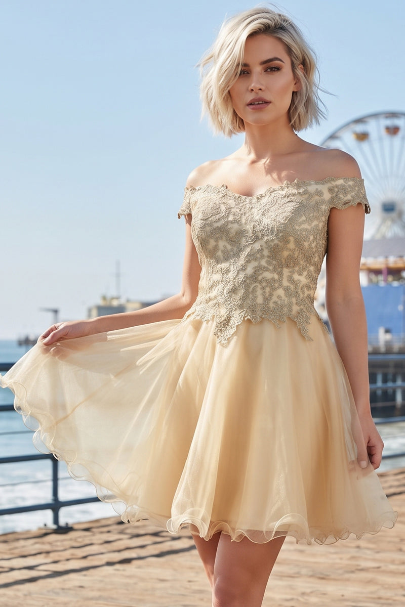 Lace Applique Off Shoulder Cap Sleeve Tulle A Line Short Prom Dress | CQ50431