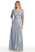 Boat Neck Three Quarter Sleeve Lace Bodice Chiffon A Line Mother of the Bride Gown | CQ50434