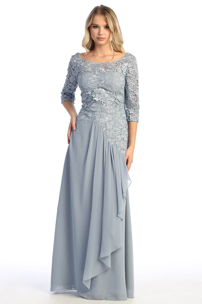 Boat Neck Three Quarter Sleeve Lace Bodice Chiffon A Line Mother of the Bride Gown | CQ50434