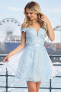Lace Applique Cold Shoulder Short Sleeve Tulle A Line Short Prom Dress | CQ50435
