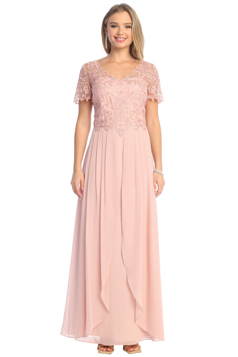 Lace V-Neck Short Sleeve Chiffon A-Line Mother of the Bride Gown | CQ50437