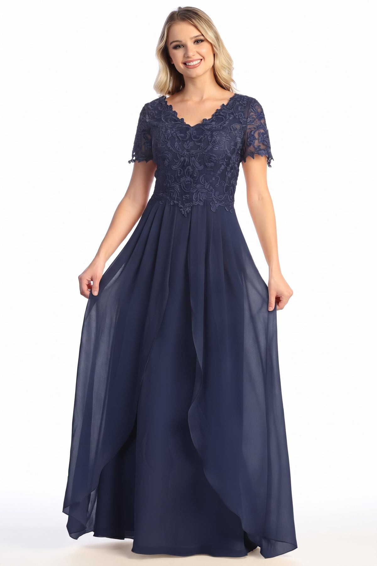 Lace V-Neck Short Sleeve Chiffon A-Line Mother of the Bride Gown | CQ50437