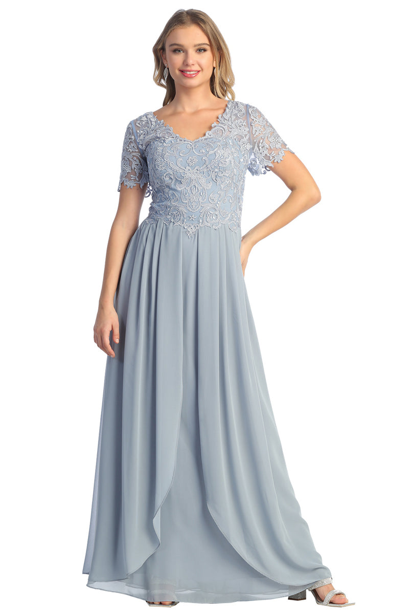 Lace V-Neck Short Sleeve Chiffon A-Line Mother of the Bride Gown | CQ50437