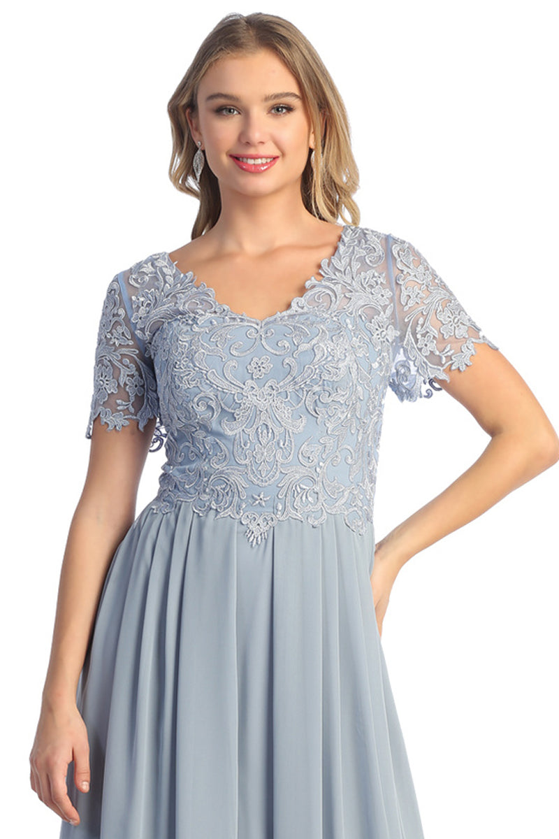 Lace V-Neck Short Sleeve Chiffon A-Line Mother of the Bride Gown | CQ50437