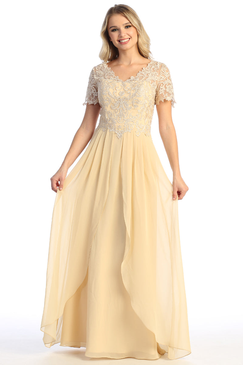 Lace V-Neck Short Sleeve Chiffon A-Line Mother of the Bride Gown | CQ50437