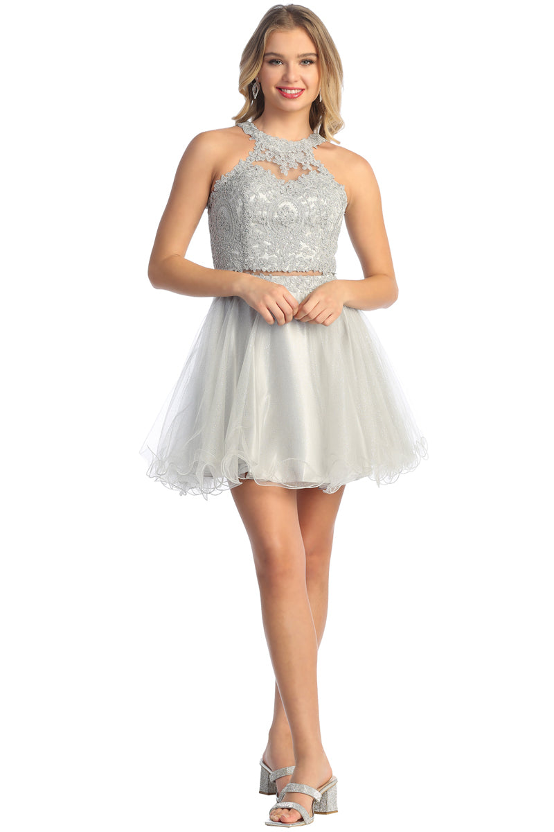 Lace Halter Two Piece Short Tulle Prom Dress | CQ50438
