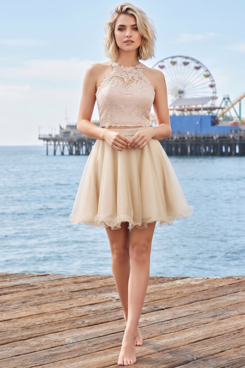 Lace Halter Two Piece Short Tulle Prom Dress | CQ50438