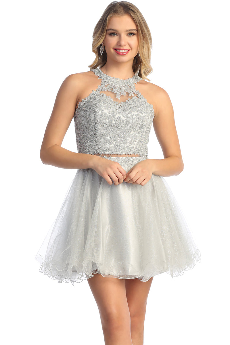 Lace Halter Two Piece Short Tulle Prom Dress | CQ50438