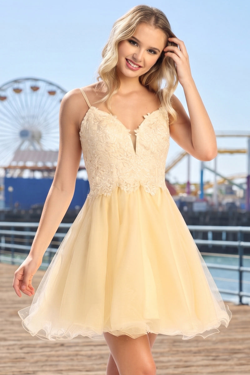 Lace Applique Spaghetti Strap V Neck Tulle A Line Short Prom Dress | CQ50440