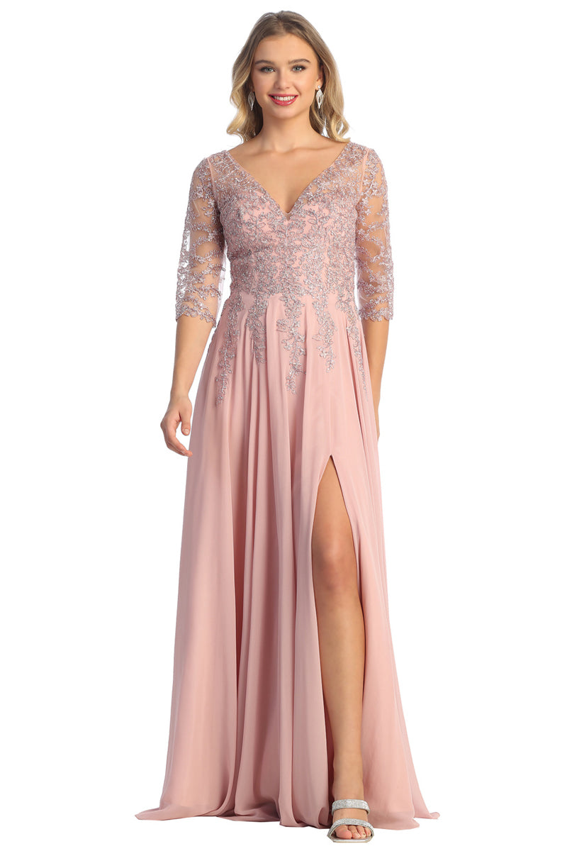 Beaded Illusion V Neck Three Quarter Sleeve Chiffon A Line Mother of the Bride Gown | CQ50441