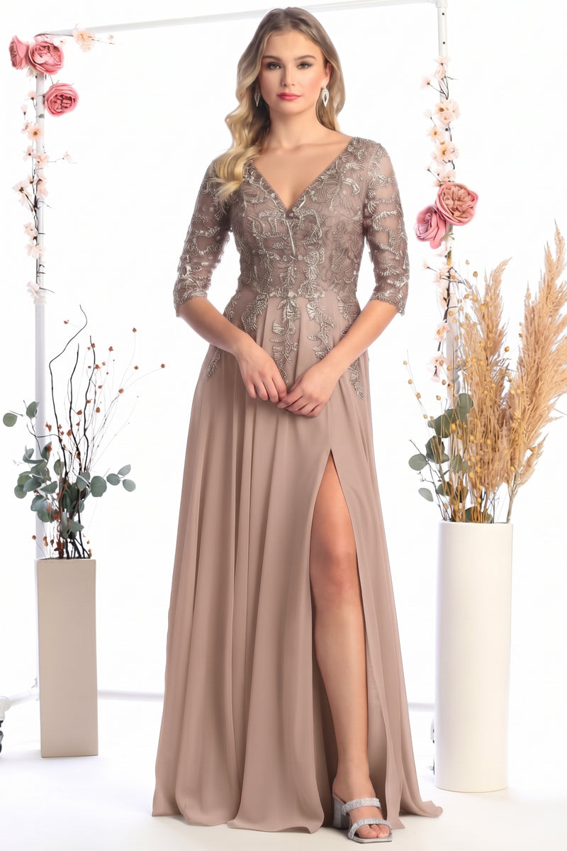 Beaded Illusion V Neck Three Quarter Sleeve Chiffon A Line Mother of the Bride Gown | CQ50441
