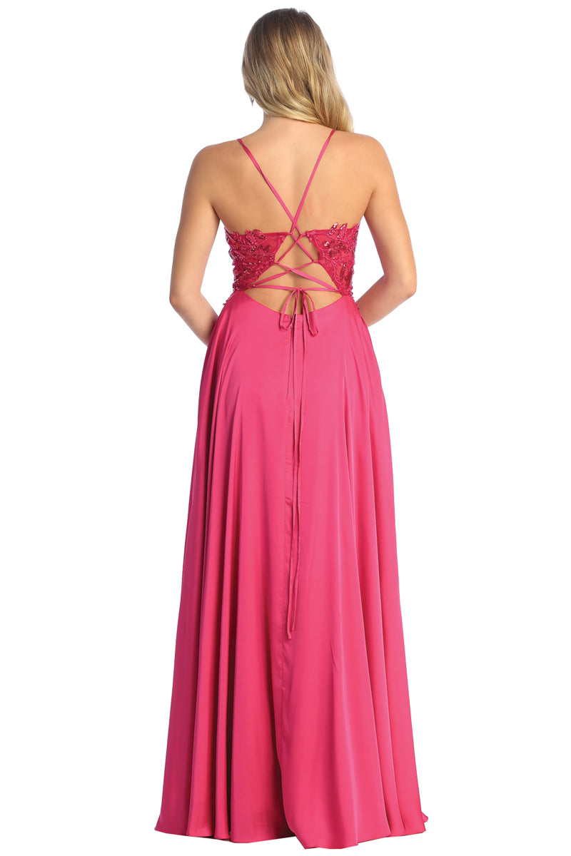 Lace Applique V-Neck Spaghetti Strap A-Line Prom Dress with Slit | CQ50452