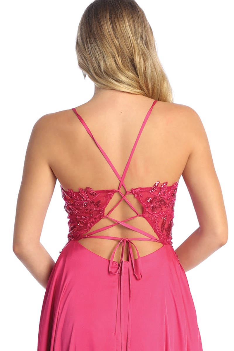 Lace Applique V-Neck Spaghetti Strap A-Line Prom Dress with Slit | CQ50452