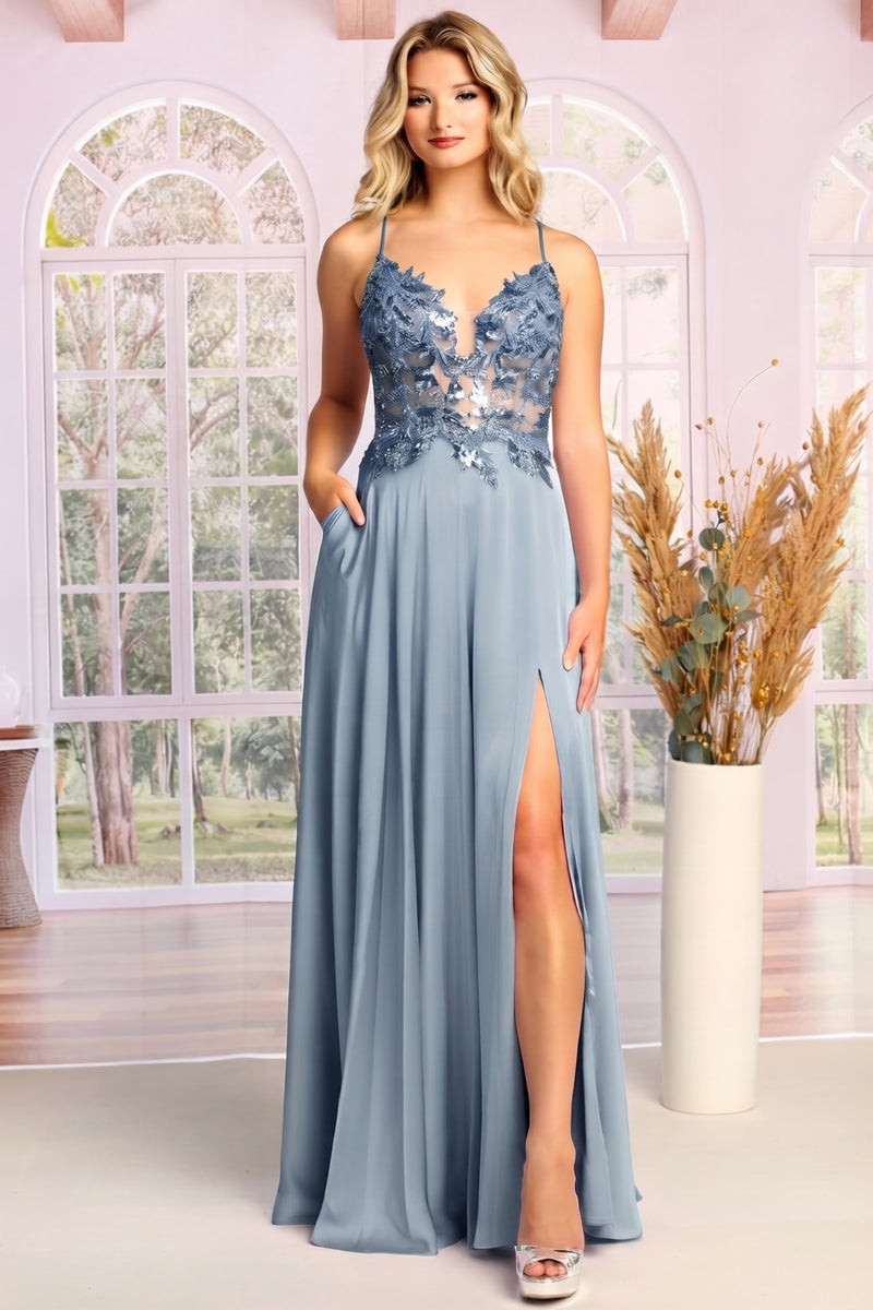 Lace Applique V-Neck Spaghetti Strap A-Line Prom Dress with Slit | CQ50452