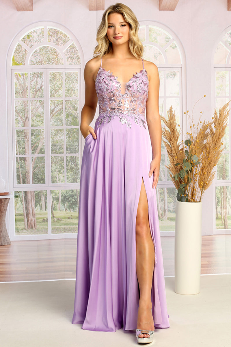 Lace Applique V-Neck Spaghetti Strap A-Line Prom Dress with Slit | CQ50452