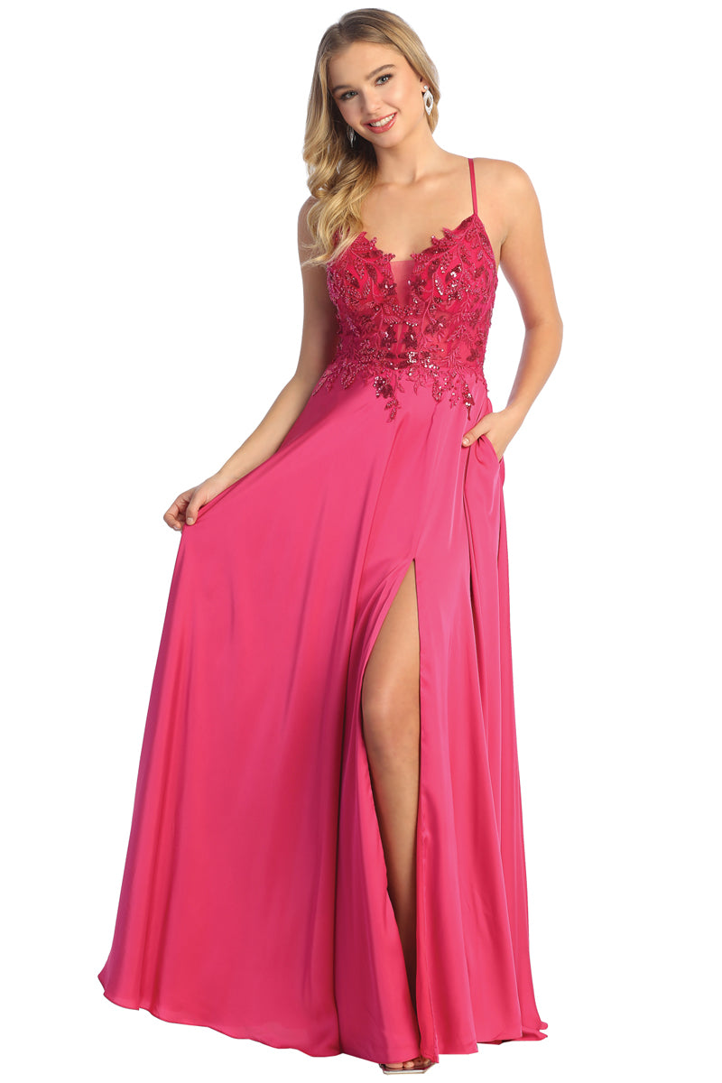Lace Applique V-Neck Spaghetti Strap A-Line Prom Dress with Slit | CQ50452