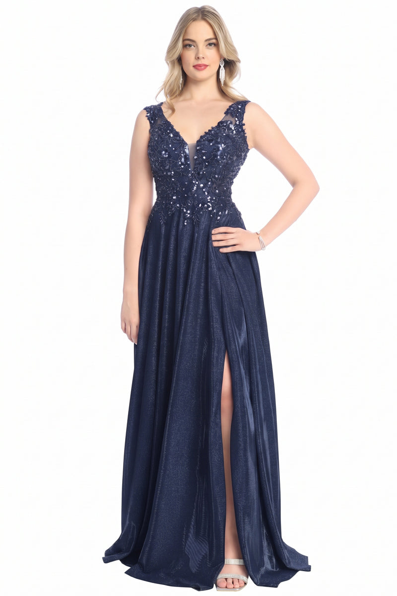 Beaded Lace Plunging V-Neck Glitter A-Line Prom Dress with Slit | CQ50456