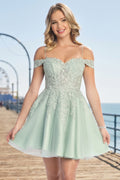 Off Shoulder Lace Applique Short A Line Prom Dress | CQ50469
