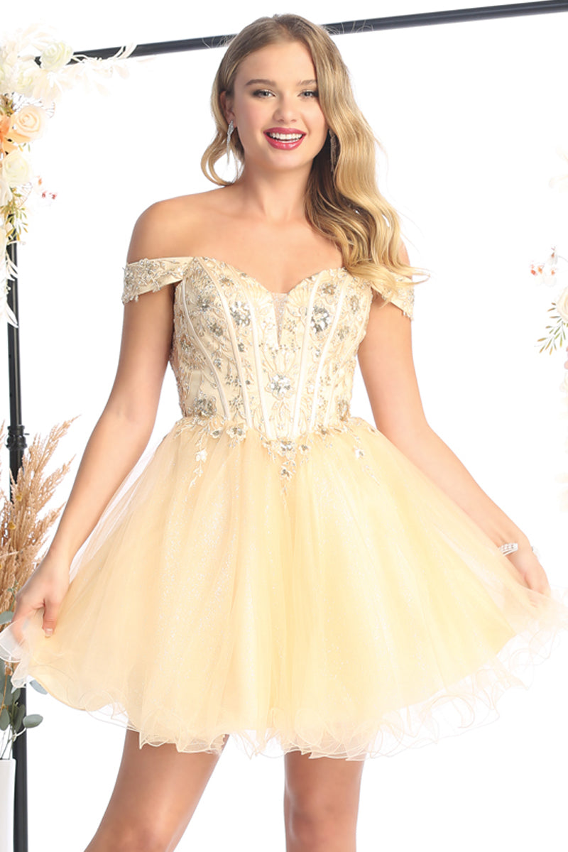 Off Shoulder Corset Lace Short Tulle A Line Prom Dress | CQ50474