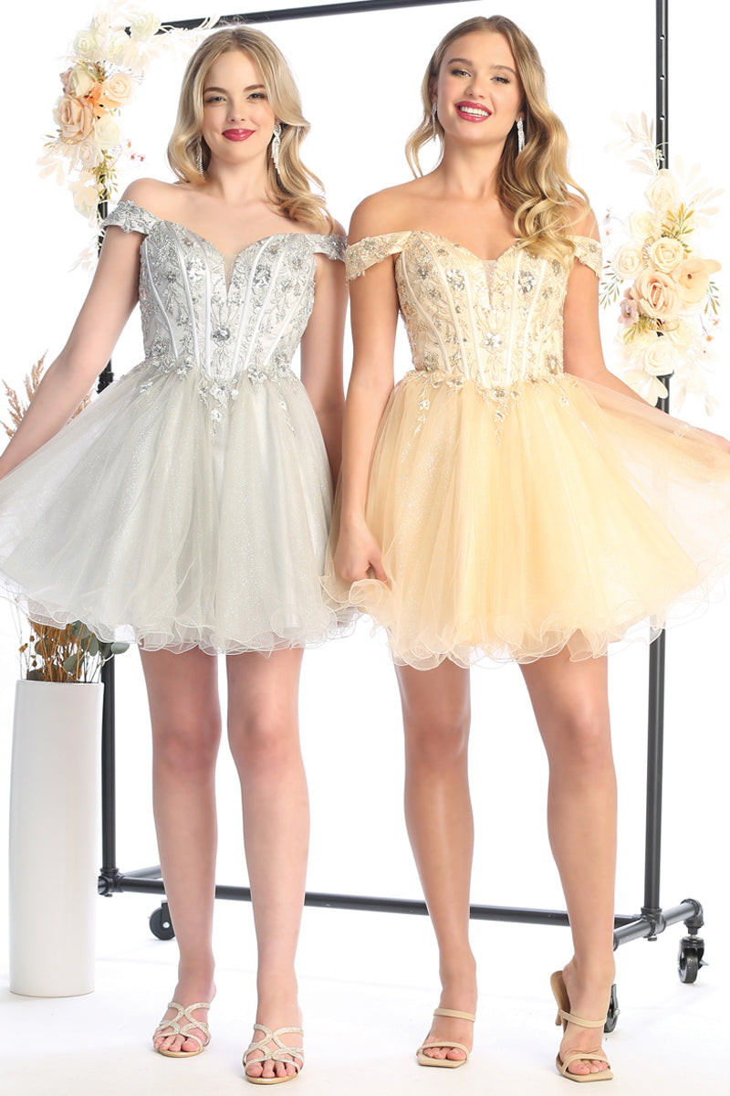 Off Shoulder Corset Lace Short Tulle A Line Prom Dress | CQ50474