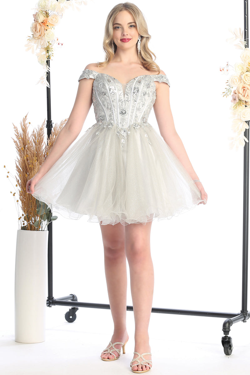 Off Shoulder Corset Lace Short Tulle A Line Prom Dress | CQ50474