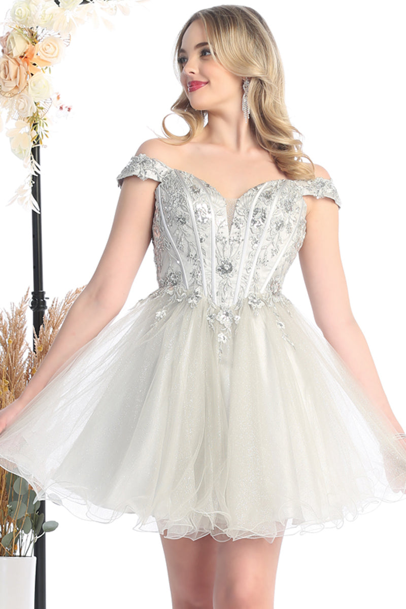 Off Shoulder Corset Lace Short Tulle A Line Prom Dress | CQ50474