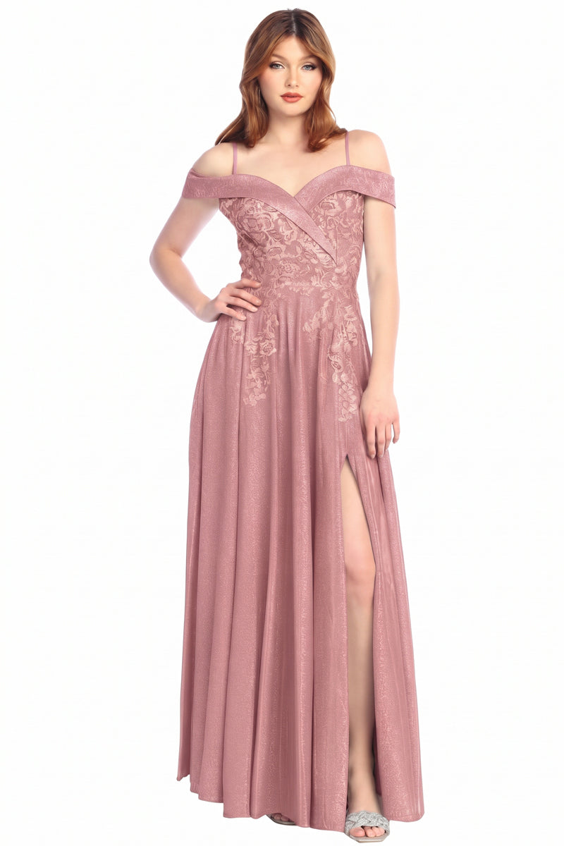 Off-Shoulder Lace Applique Glitter A-Line Prom Dress | CQ50492