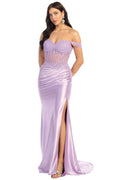 Lace Corset Off Shoulder Satin Fitted Prom Dress with Slit | CQ50502