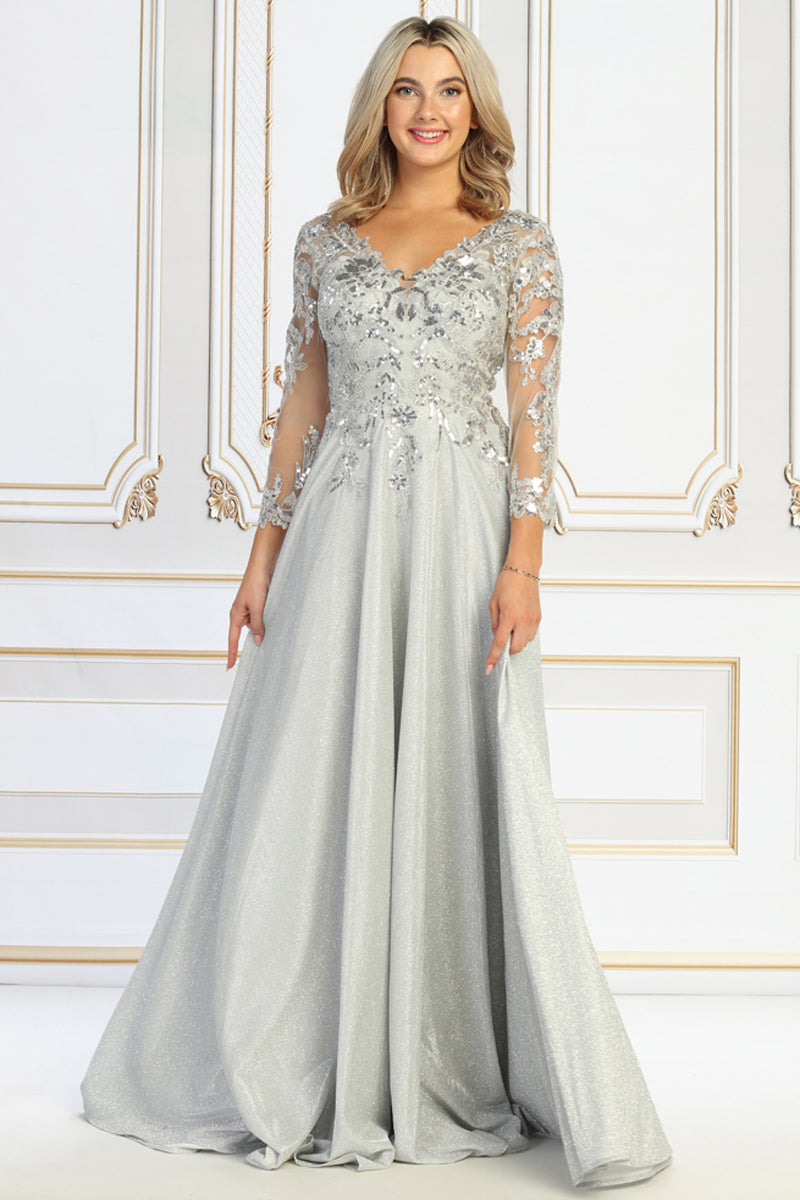 V Neck Long Sleeve Sequin Lace Bodice Glitter A Line Mother of the Bride Gown | CQ50509