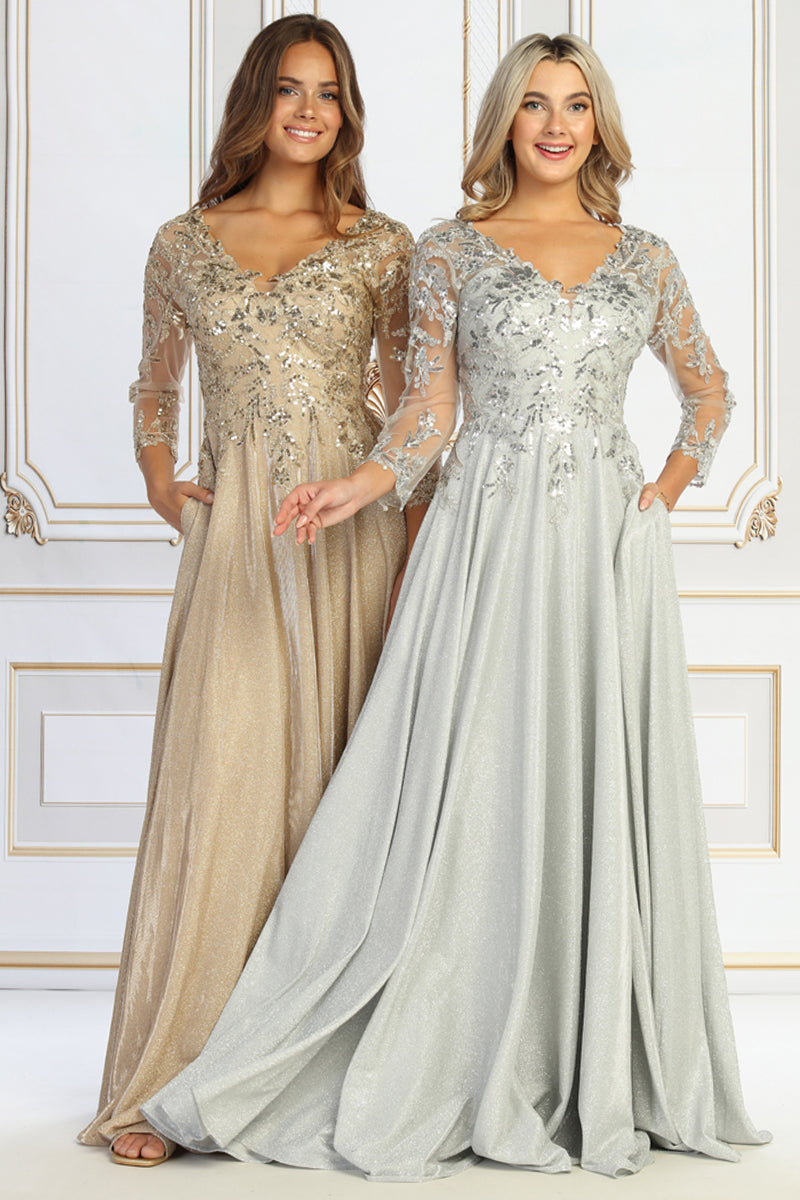 V Neck Long Sleeve Sequin Lace Bodice Glitter A Line Mother of the Bride Gown | CQ50509