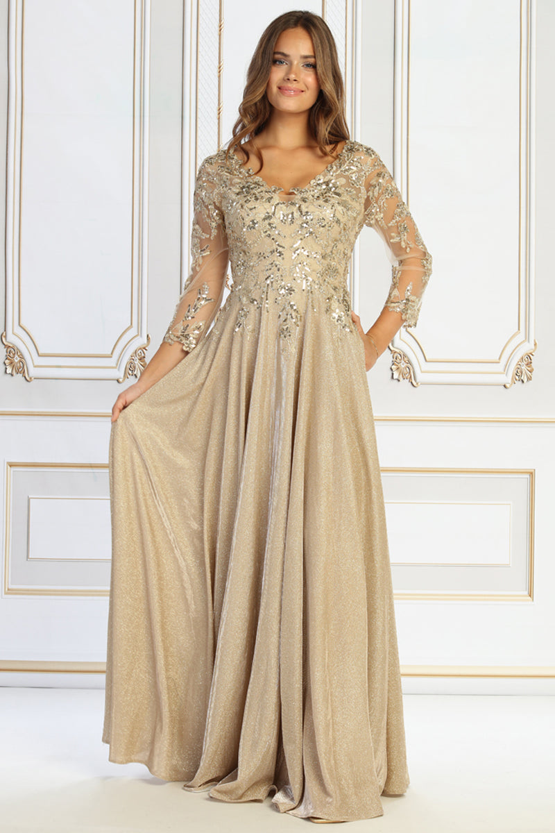 V Neck Long Sleeve Sequin Lace Bodice Glitter A Line Mother of the Bride Gown | CQ50509