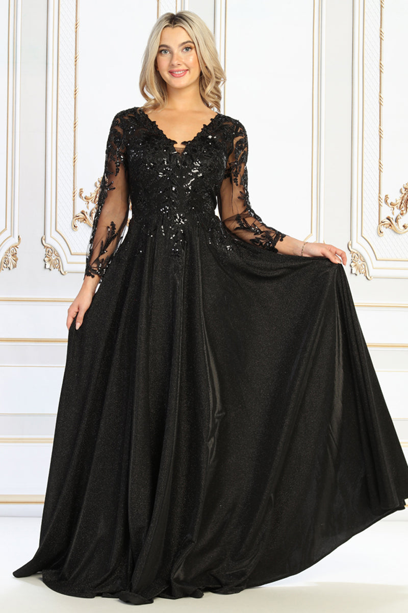 V Neck Long Sleeve Sequin Lace Bodice Glitter A Line Mother of the Bride Gown | CQ50509