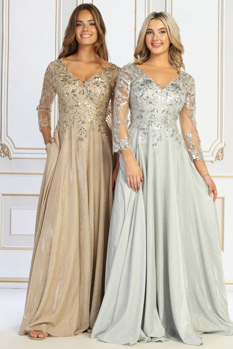 V Neck Long Sleeve Sequin Lace Bodice Glitter A Line Mother of the Bride Gown | CQ50509