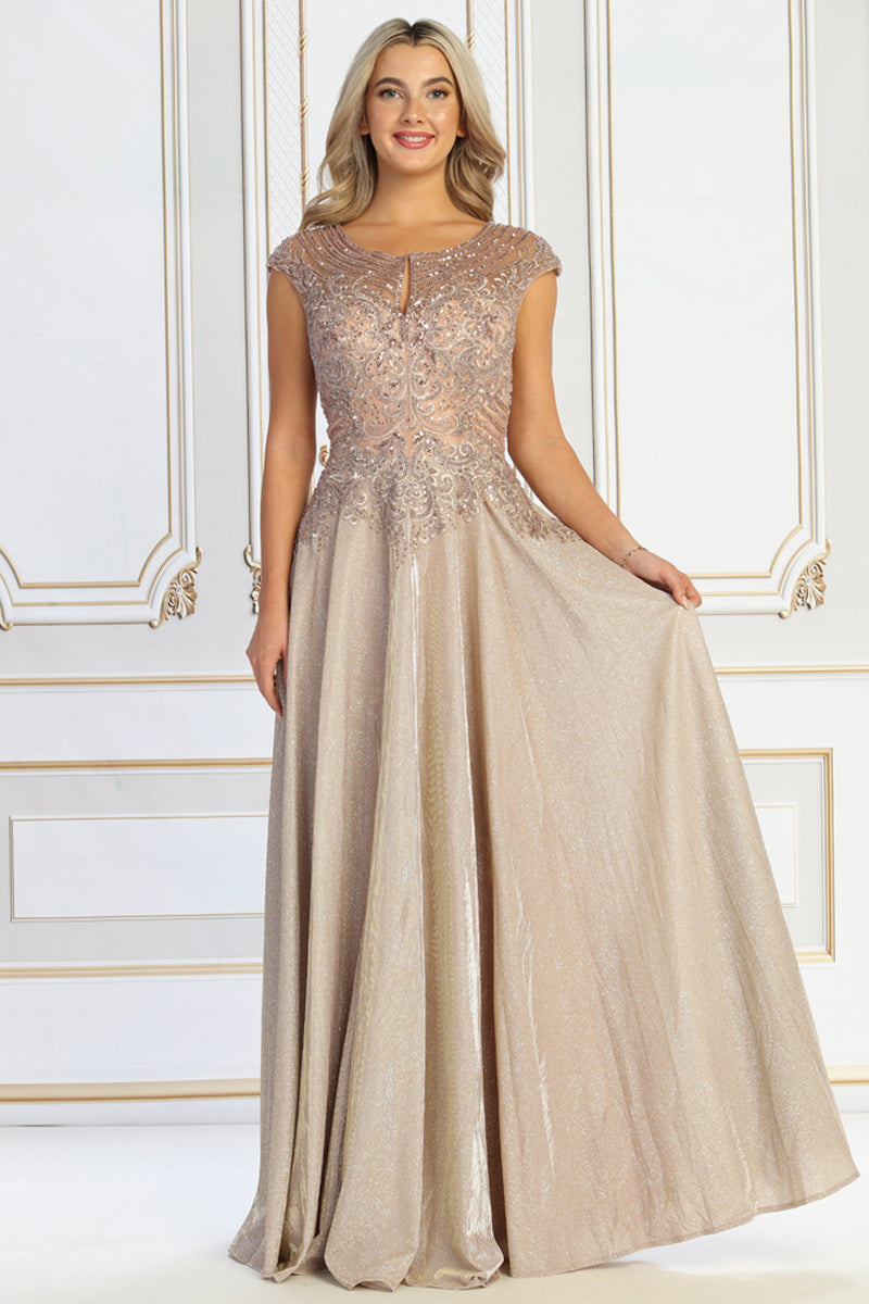 Beaded Illusion Jewel Neck Cap Sleeve Glitter A Line Mother of the Bride Gown | CQ50510