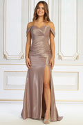 Off Shoulder Ruched Metallic Fitted Long Prom Dress with Slit | CQ50514