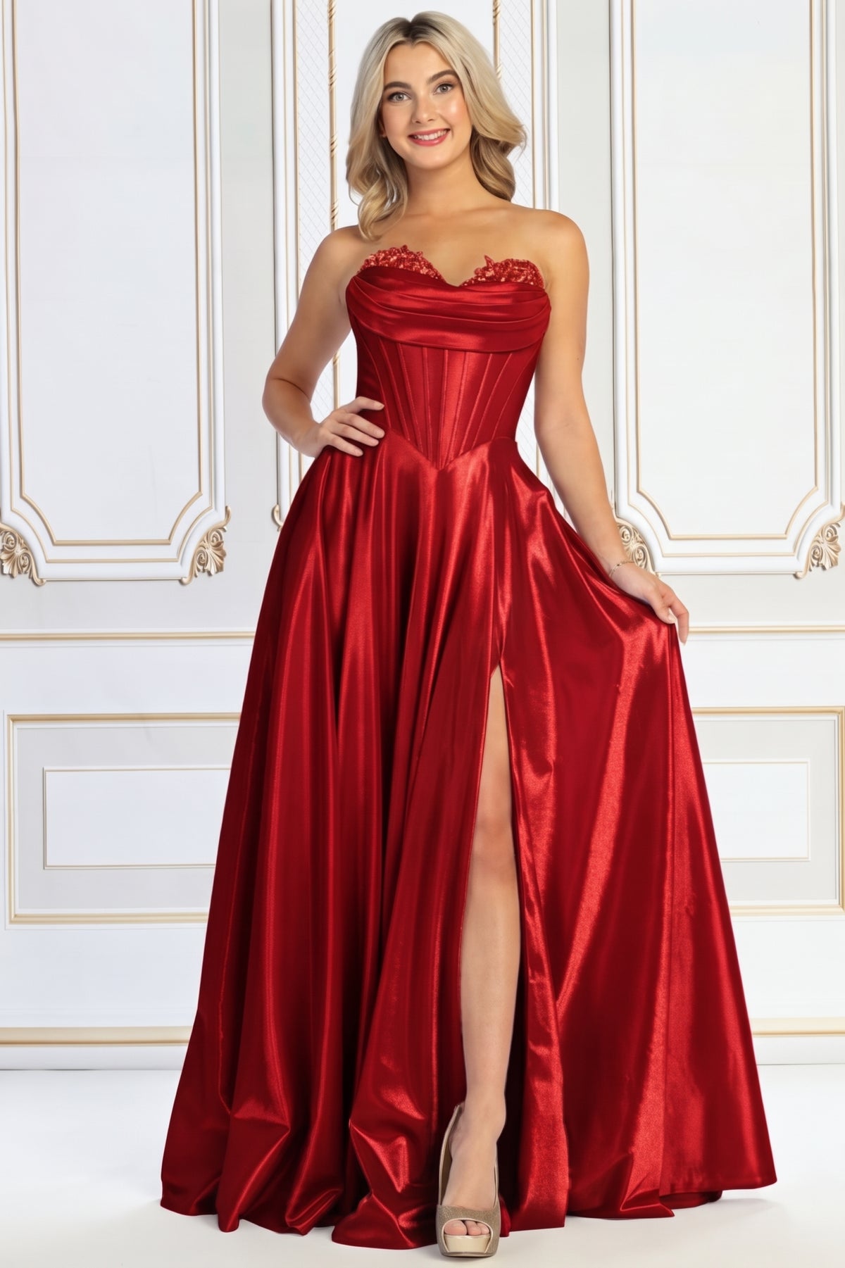Strapless Sweetheart Corset Satin A Line Prom Dress | CQ50519