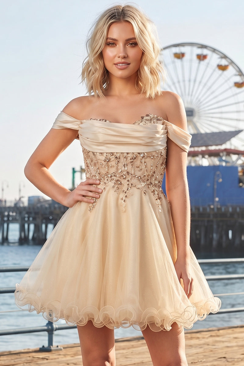 Off-Shoulder Sequin Lace Corset Short A-Line Prom Dress | CQ50521