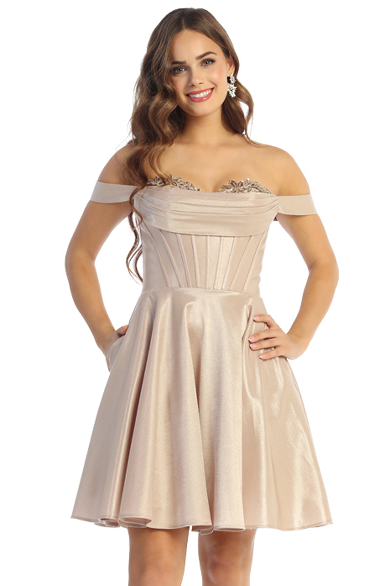 Off Shoulder Corset Satin A Line Short Prom Dress | CQ50532