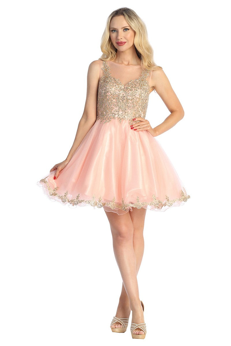 Blush sleeveless embellished cocktail dress, front view